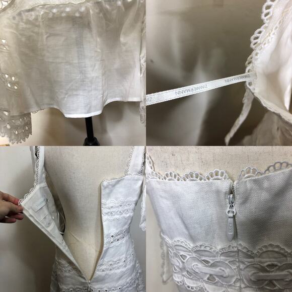 Zimmermann Dress Kirra Tie Shoulder Mini White Ivory Flare Linen Lace '2' US 8 - Picture 11 of 15